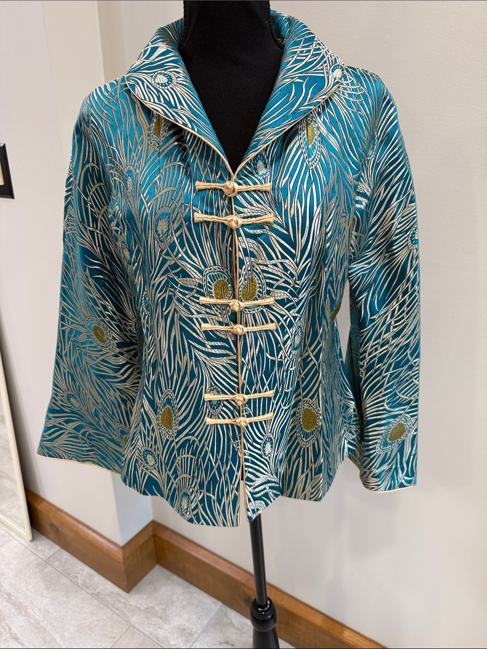 Grace Chuang New York Teal & Champagne 100% silk jacket blazer size M